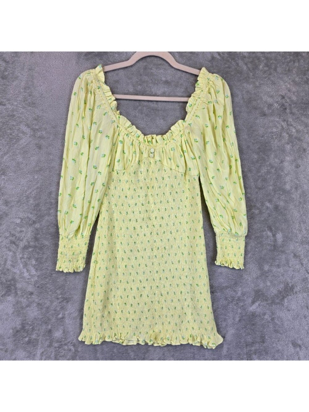 Faithfull The Brand Dress Womens S Yellow Floral Smocked Square Neck Mini Ruffle